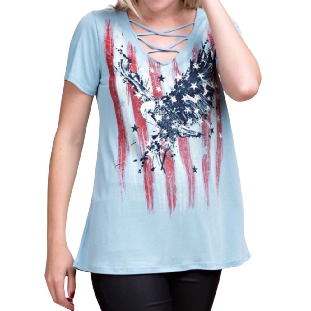 American Eagle Stars & Stripes Caged Neckline Short Sleeve Top Blue